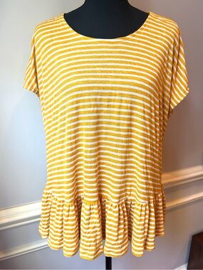 FP‎ Beach Yellow White Striped Peplum Tee Top Oversized Boho XS